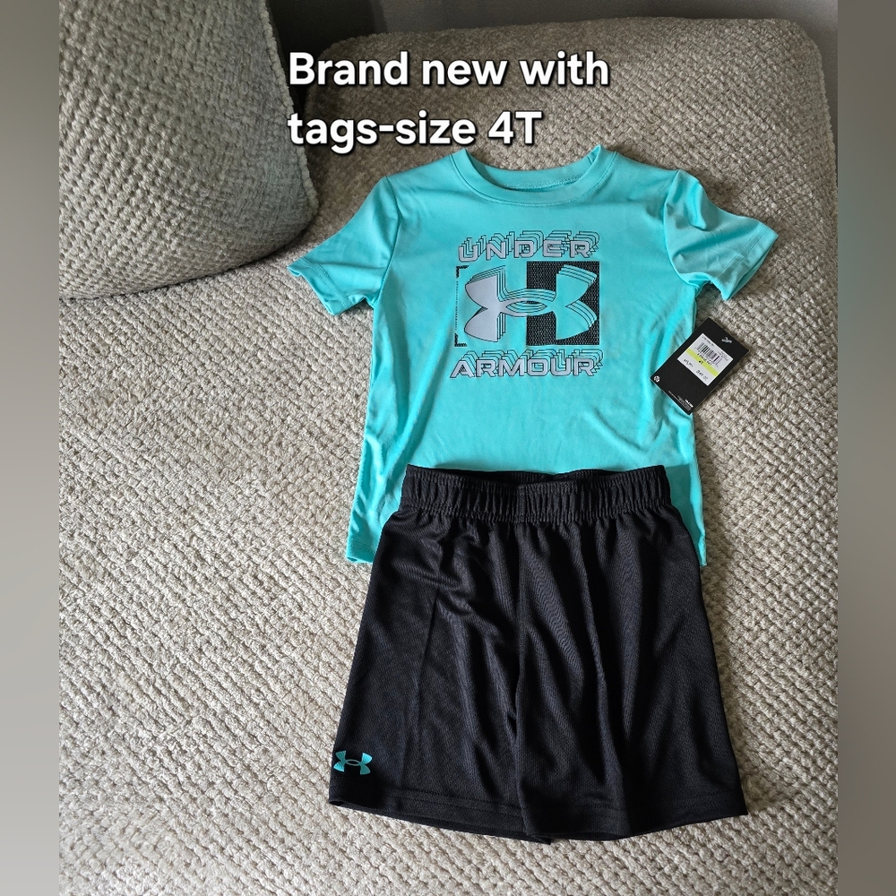 Under Armour Aqua & Black Kids Athletic Tee and Shorts Set